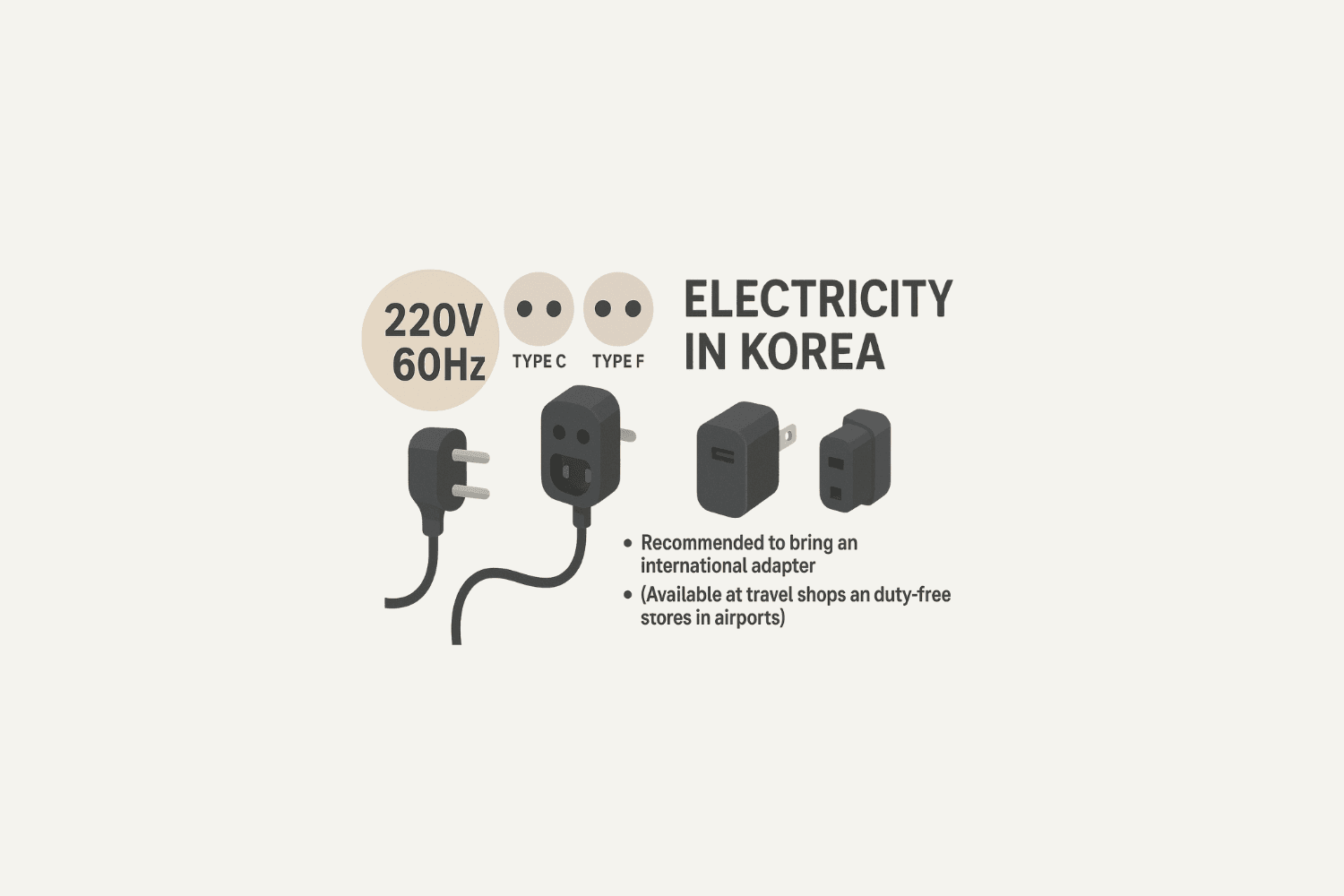 Electricity in South Korea infographic showing 220V and 60Hz power with plug types C and F and a note recommending an international travel adapter.
